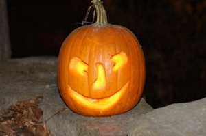 A carved pumpkin with a long stem smirking